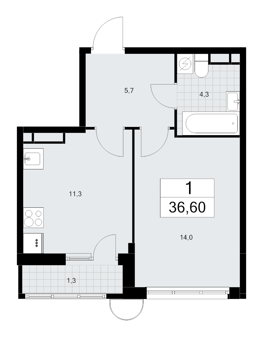 1 ккв 36,6 м²