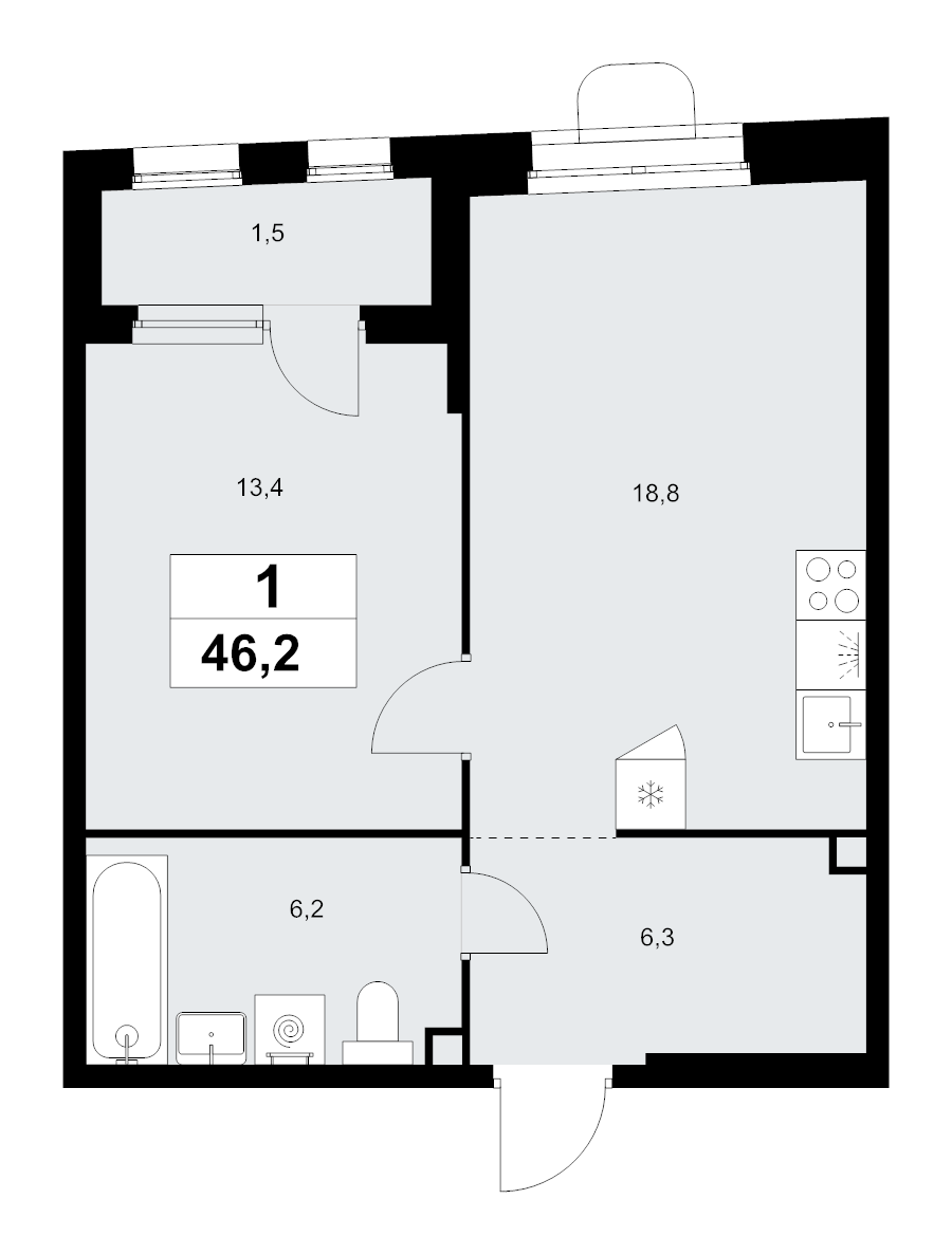 2 ккв (Евро) 46,2 м²