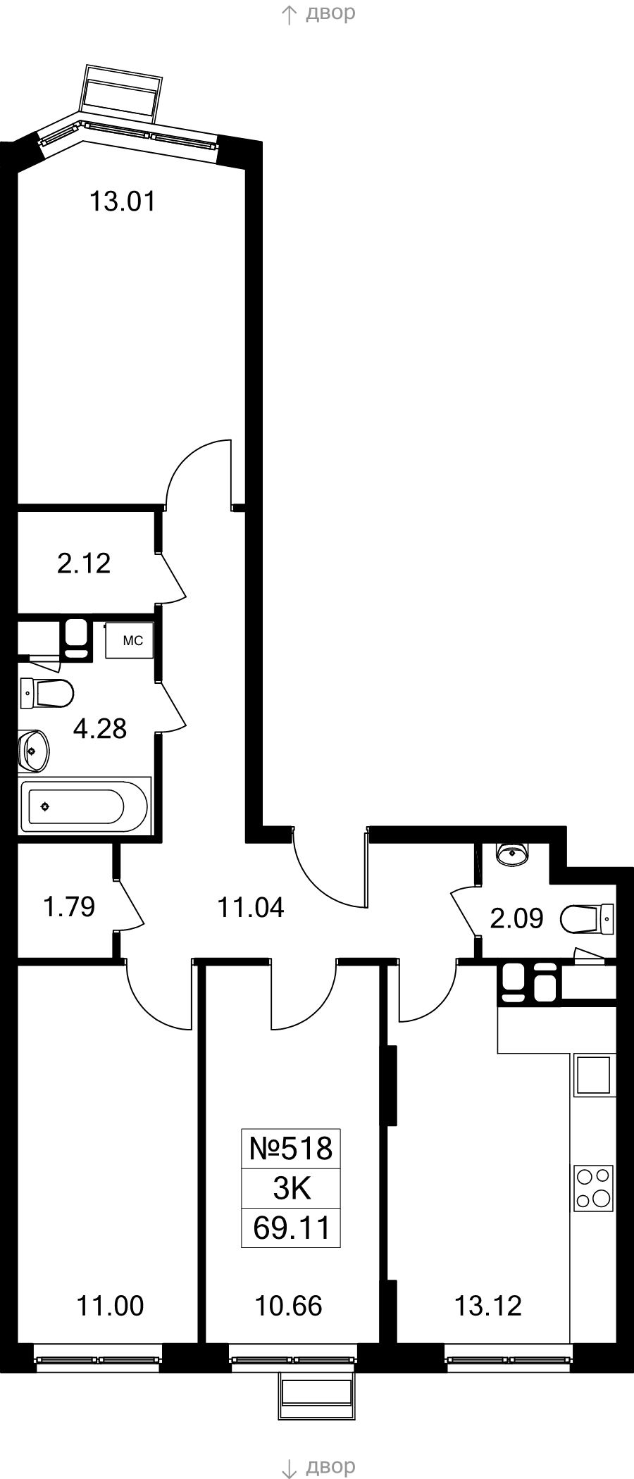 3 ккв 69,1 м²