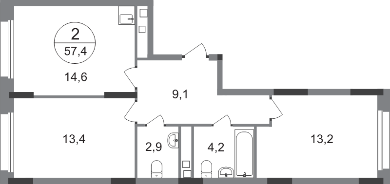 2 ккв 57,4 м²