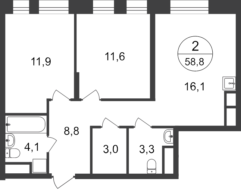 3 ккв (Евро) 56,9 м²