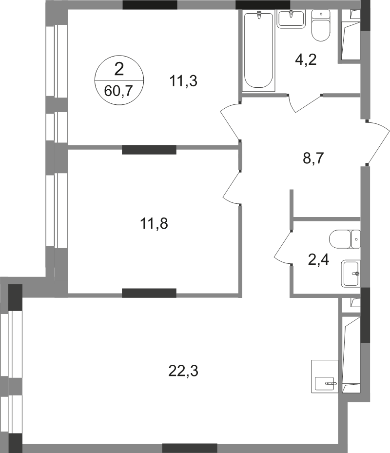 3 ккв (Евро) 60,7 м²