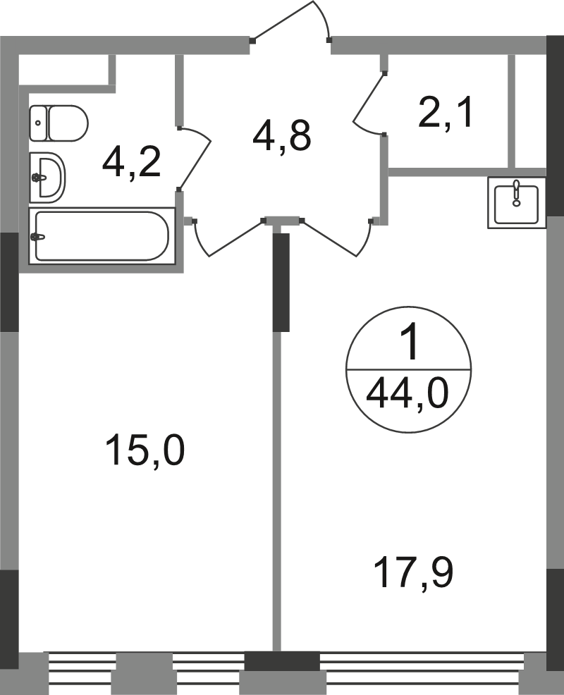 2 ккв (Евро) 44 м²
