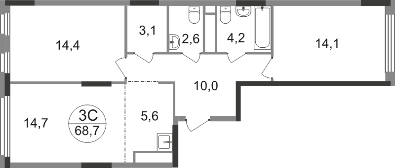 3 ккв (Евро) 68,7 м²