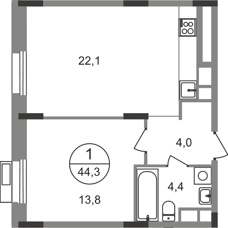 2 ккв (Евро) 44,3 м²