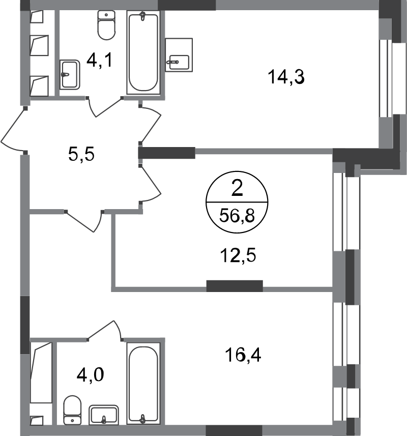 2 ккв 56,8 м²