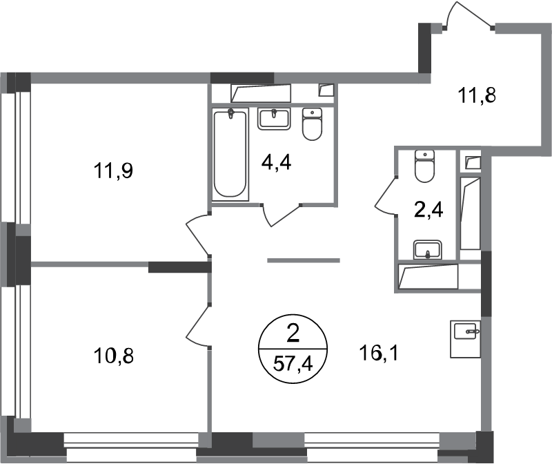 3 ккв (Евро) 57,4 м²
