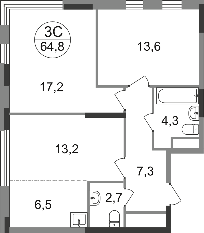 3 ккв (Евро) 64,8 м²