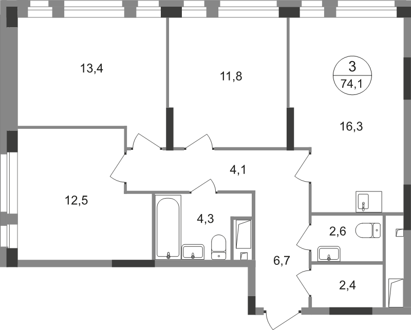4 ккв (Евро) 74,1 м²