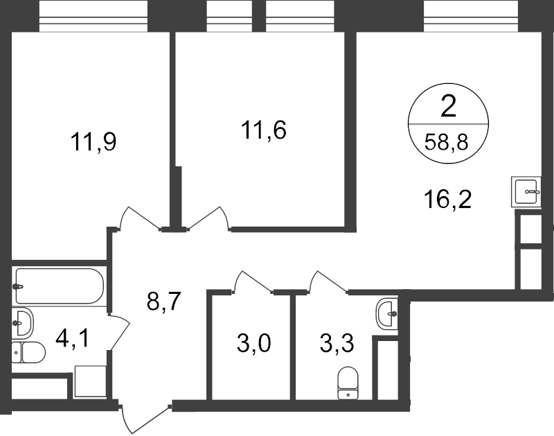 3 ккв (Евро) 56,9 м²