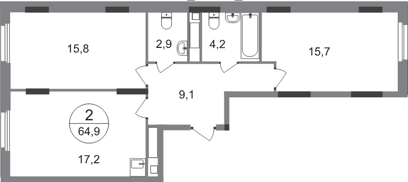 3 ккв (Евро) 64,9 м²