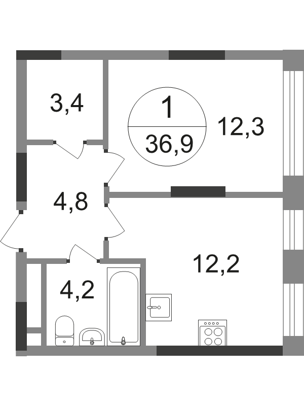 1 ккв 36,9 м²