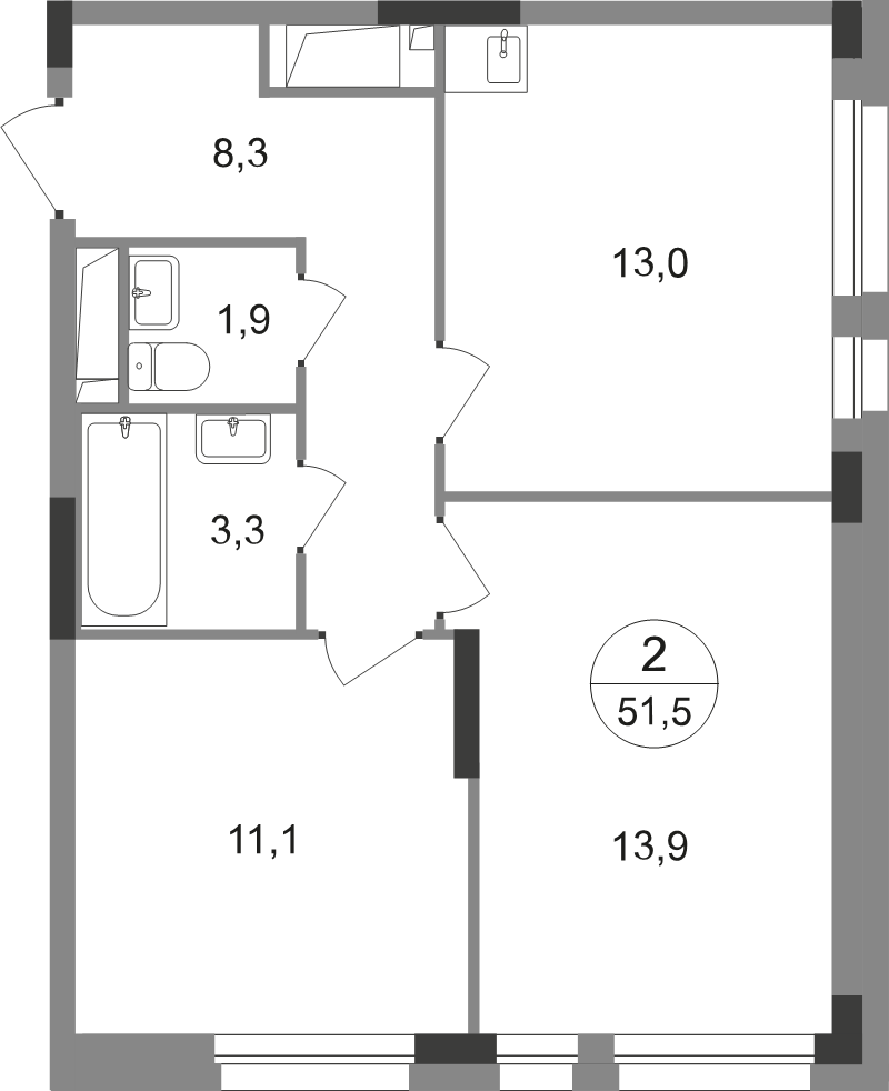 2 ккв 51,5 м²