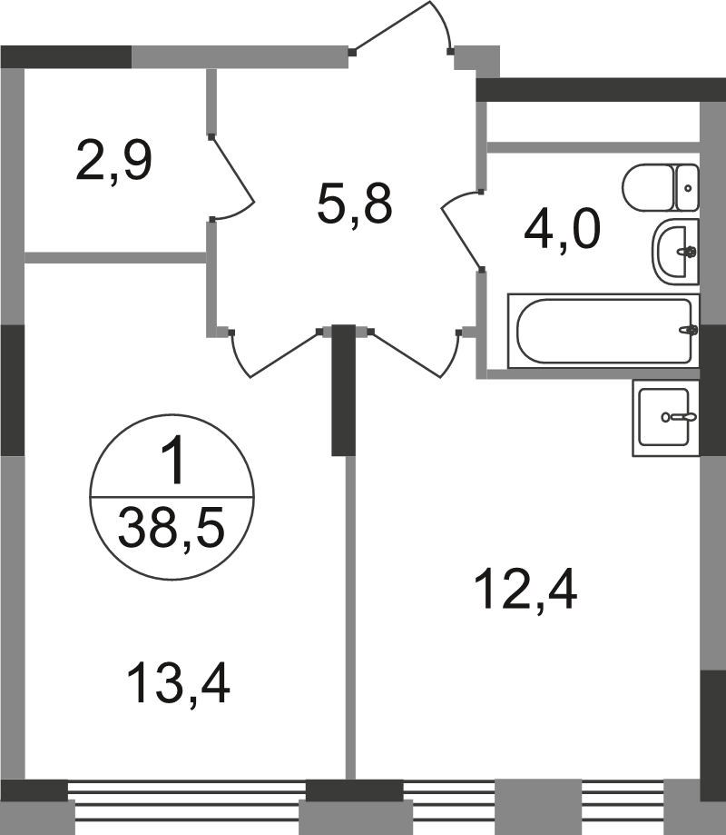 1 ккв 38,5 м²