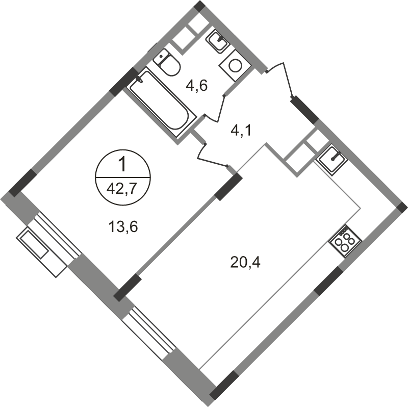 2 ккв (Евро) 42,7 м²
