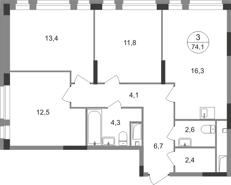 4 ккв (Евро) 74,1 м²