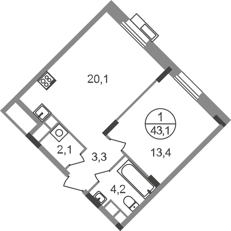 2 ккв (Евро) 43,1 м²