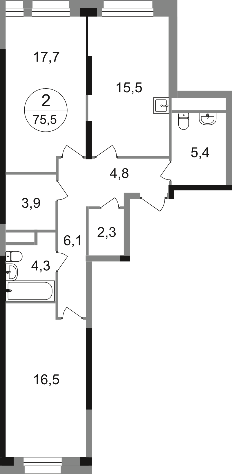 3 ккв (Евро) 76,5 м²