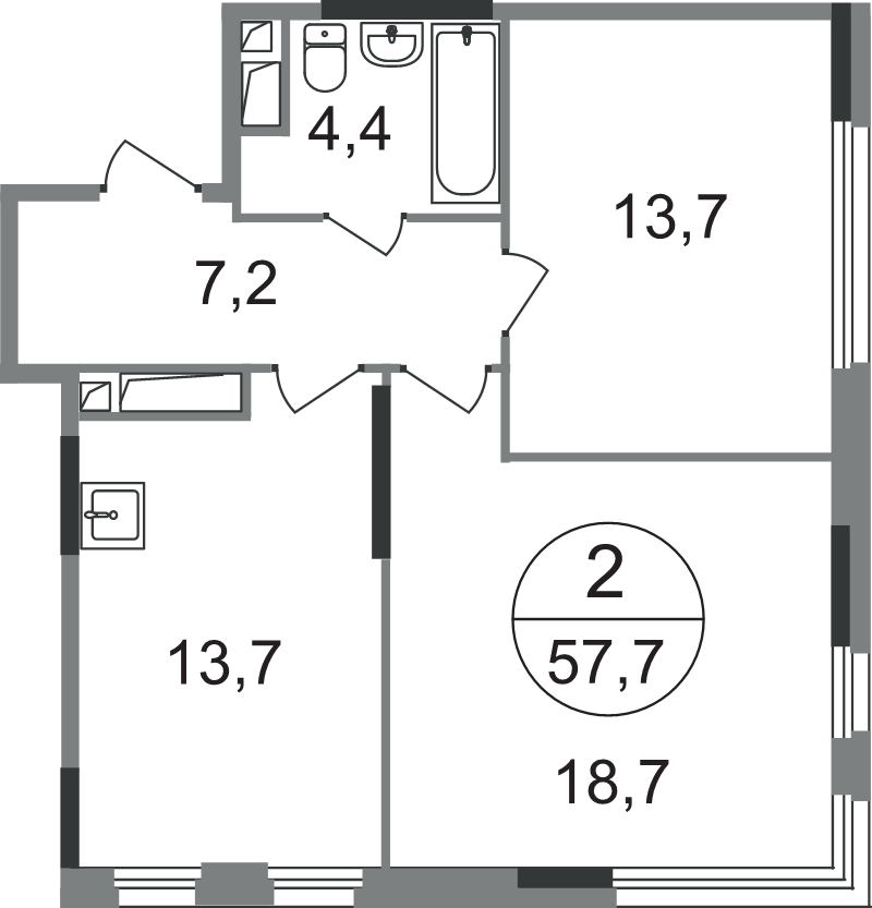 2 ккв 57,7 м²