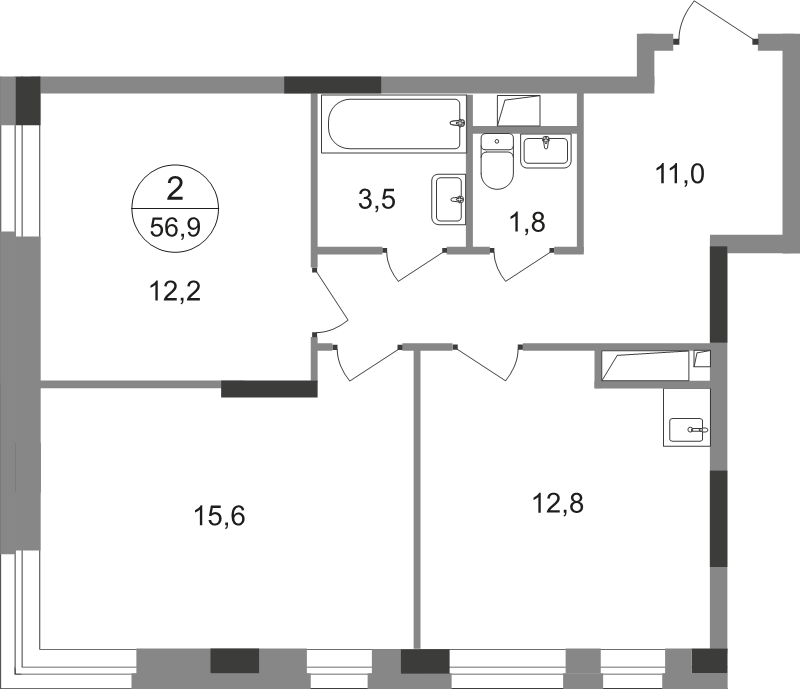 2 ккв 56,9 м²