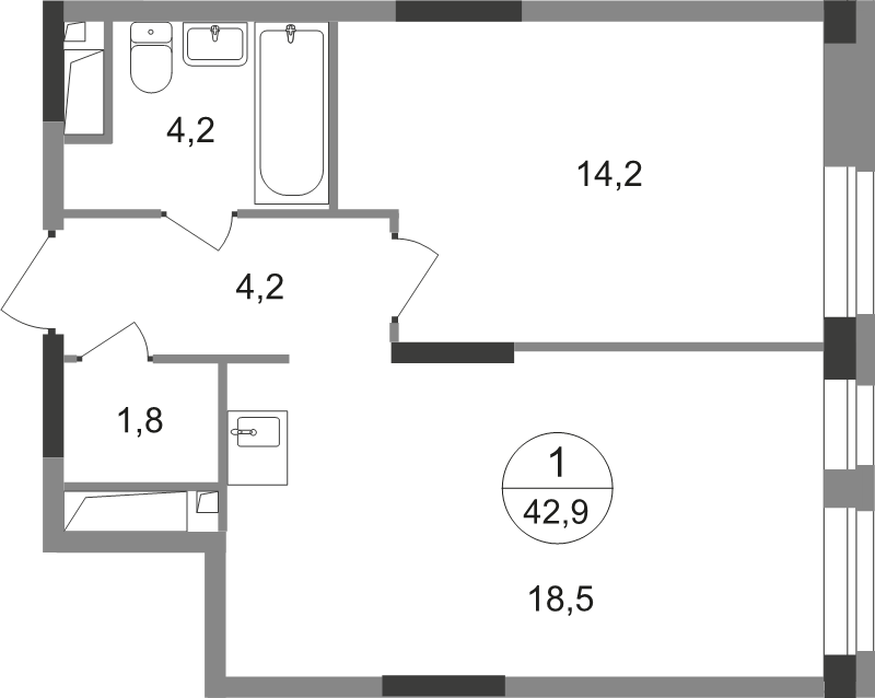 2 ккв (Евро) 42,9 м²