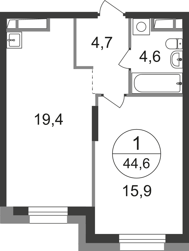 2 ккв (Евро) 44,6 м²
