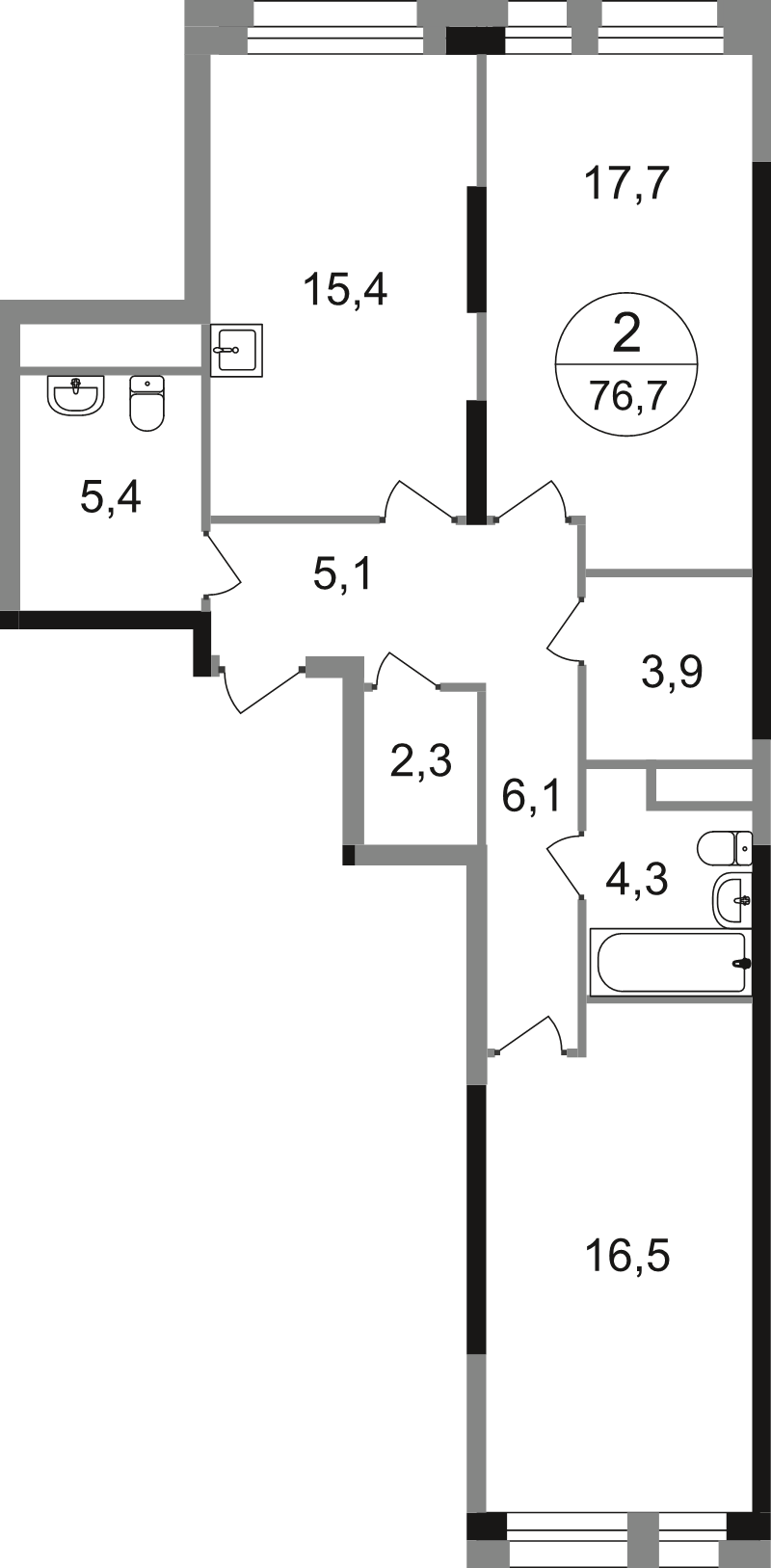 3 ккв (Евро) 76,7 м²