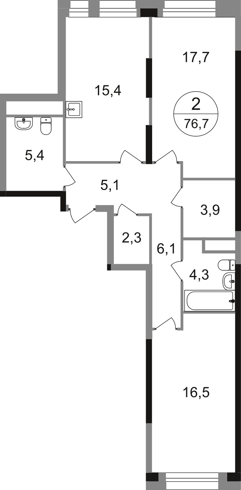 3 ккв (Евро) 76,7 м²
