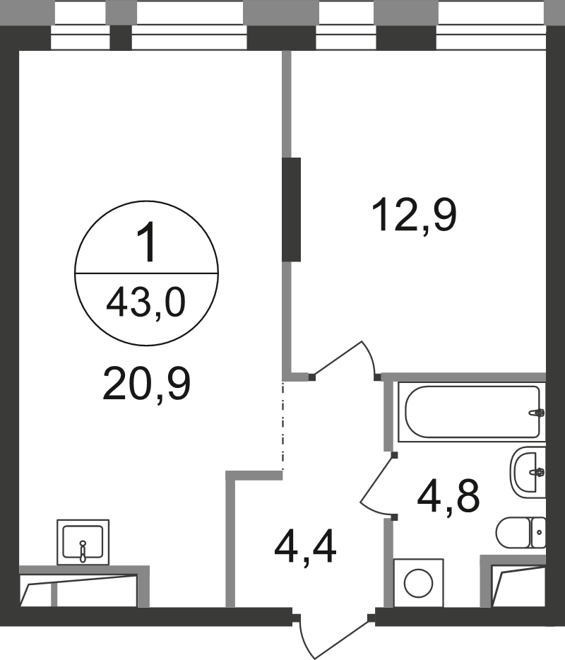 2 ккв (Евро) 43 м²