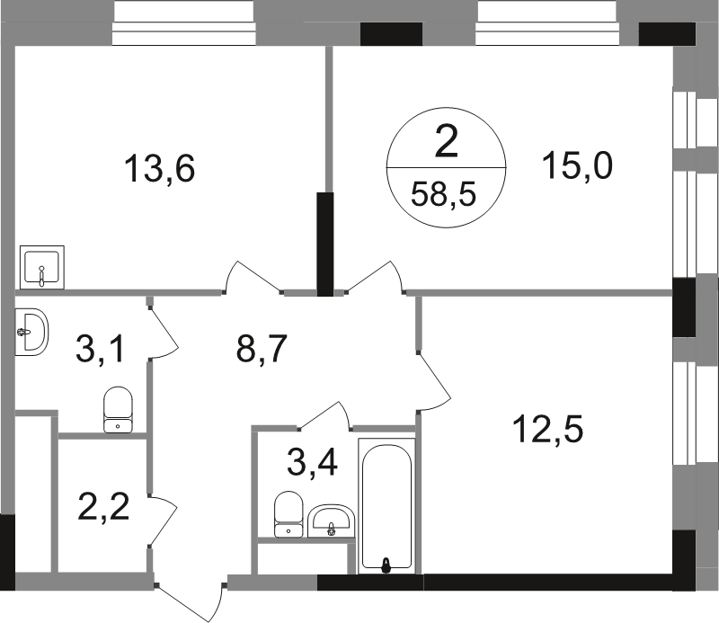 2 ккв 58,5 м²