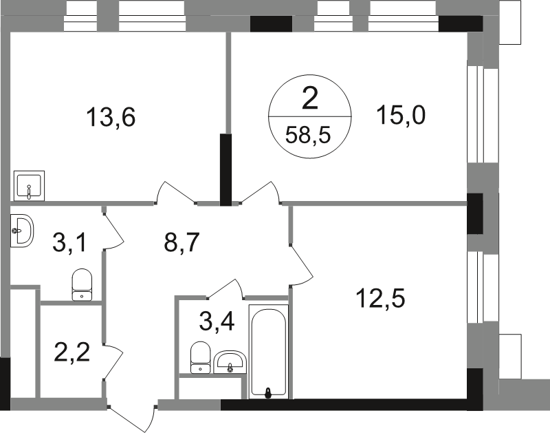 2 ккв 58,5 м²