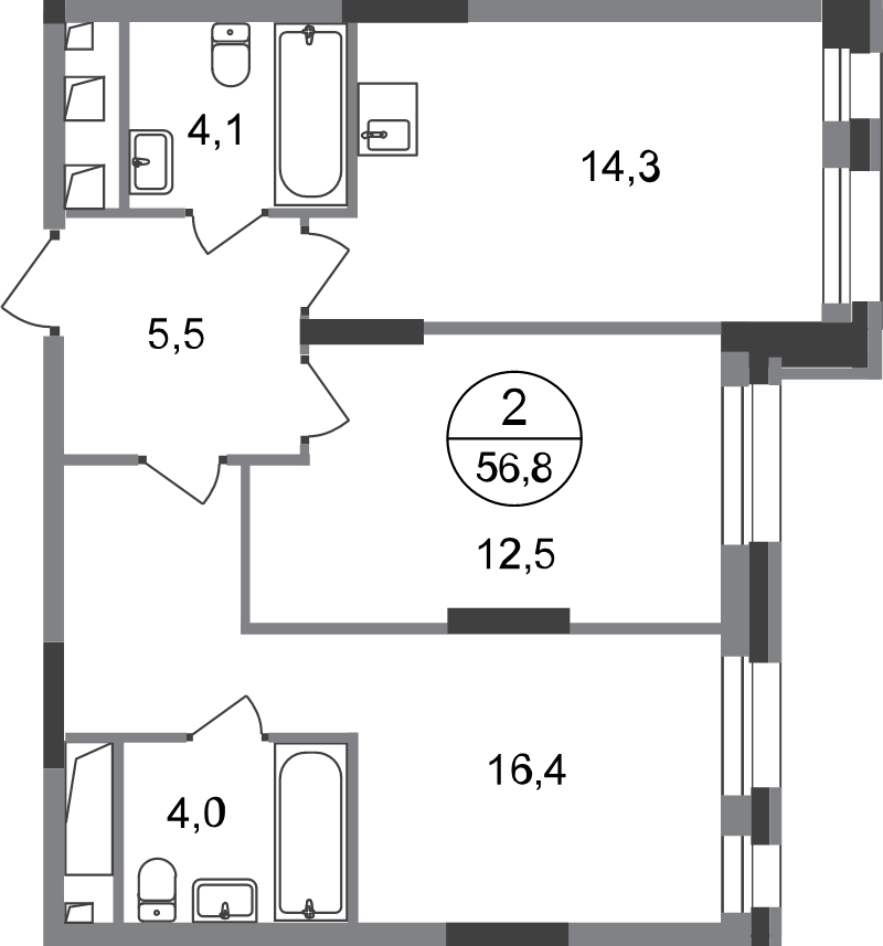 2 ккв 56,8 м²
