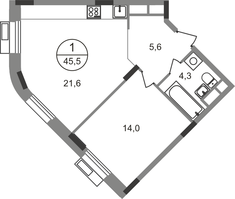 2 ккв (Евро) 45,5 м²