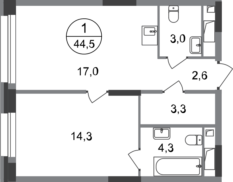 2 ккв (Евро) 44,5 м²
