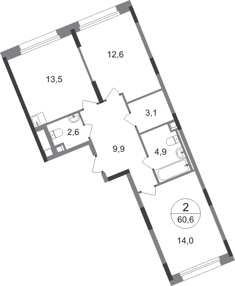 2 ккв 60,6 м²