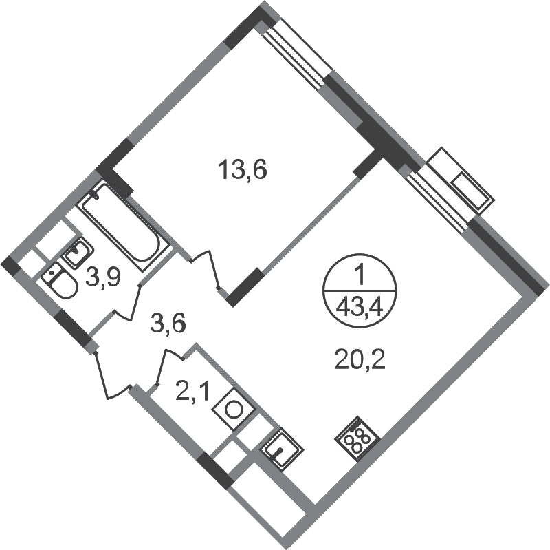2 ккв (Евро) 43,4 м²
