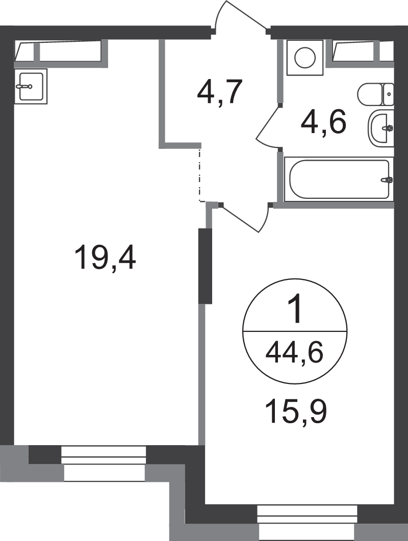 2 ккв (Евро) 44,6 м²