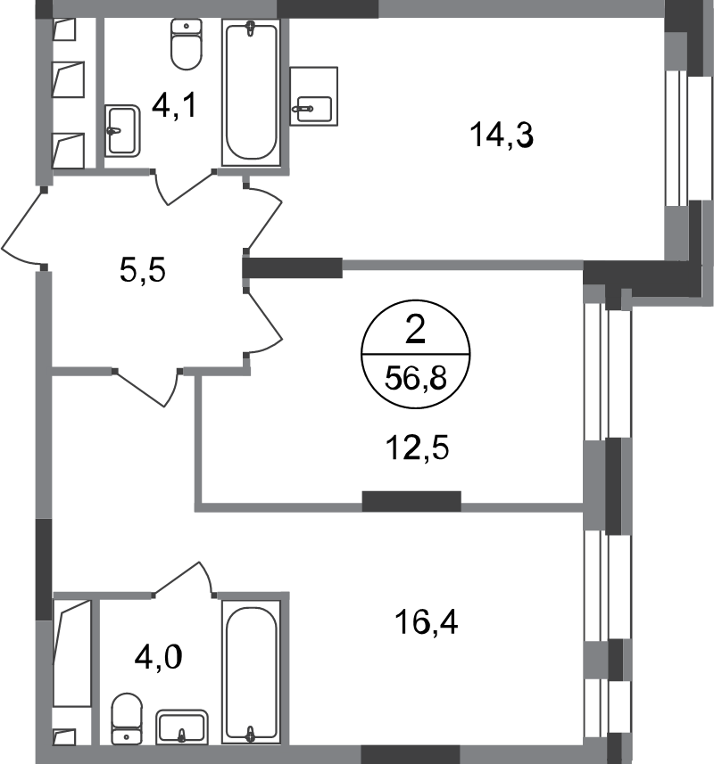 2 ккв 56,8 м²
