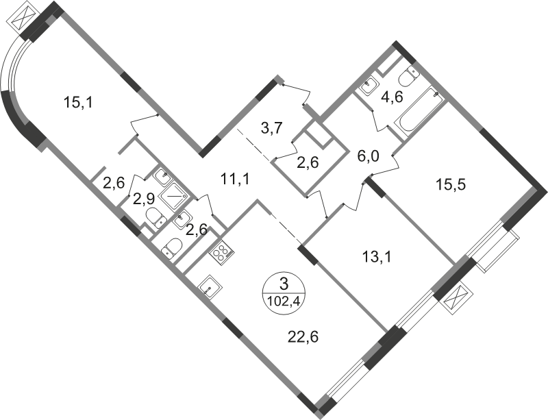 4 ккв (Евро) 102,4 м²