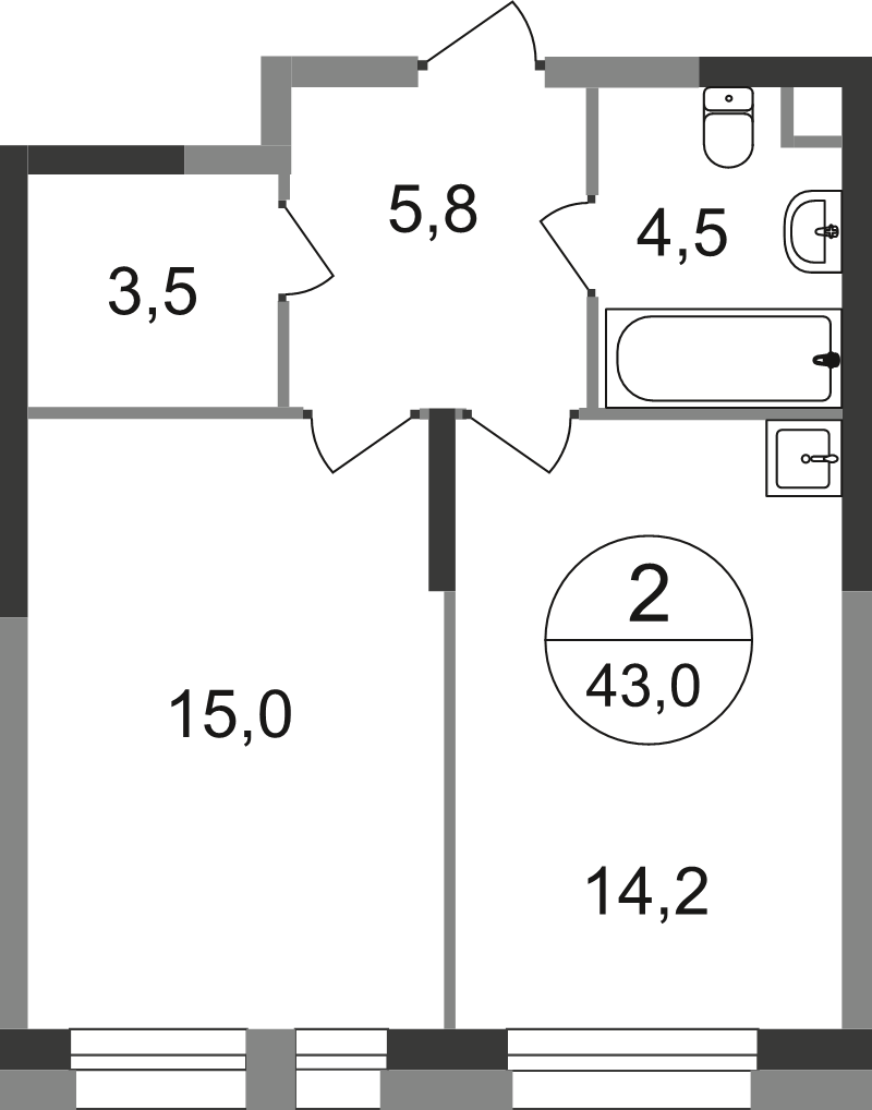 1 ккв 42,9 м²