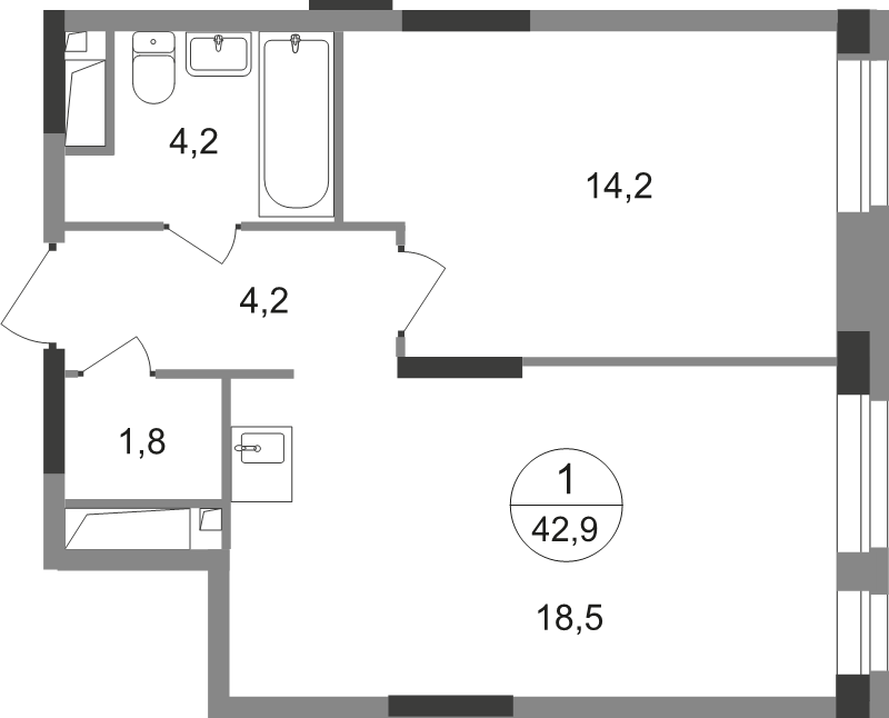 2 ккв (Евро) 42,9 м²
