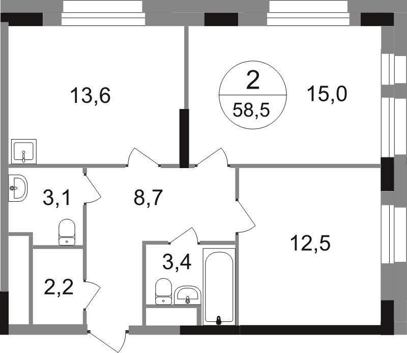 2 ккв 58,5 м²