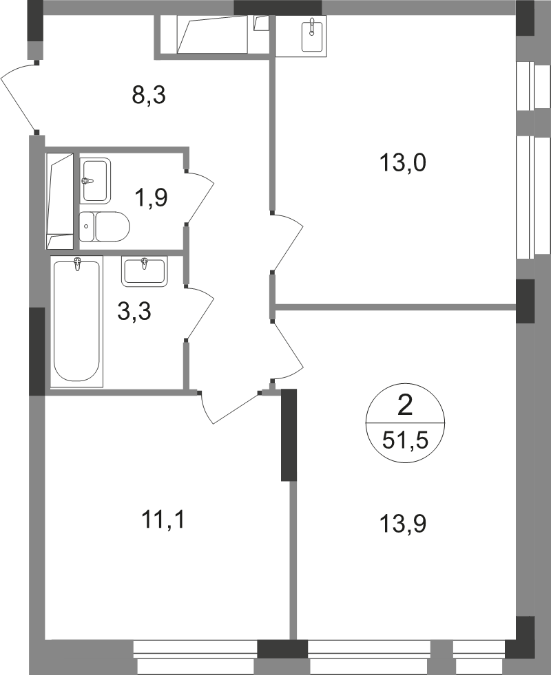 2 ккв 51,5 м²