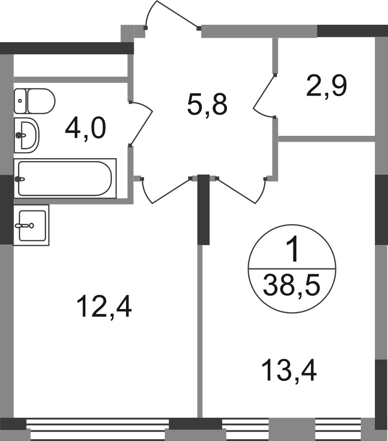 1 ккв 38,5 м²