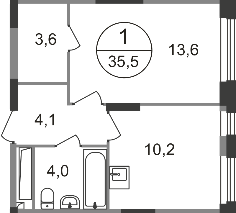 1 ккв 35,5 м²
