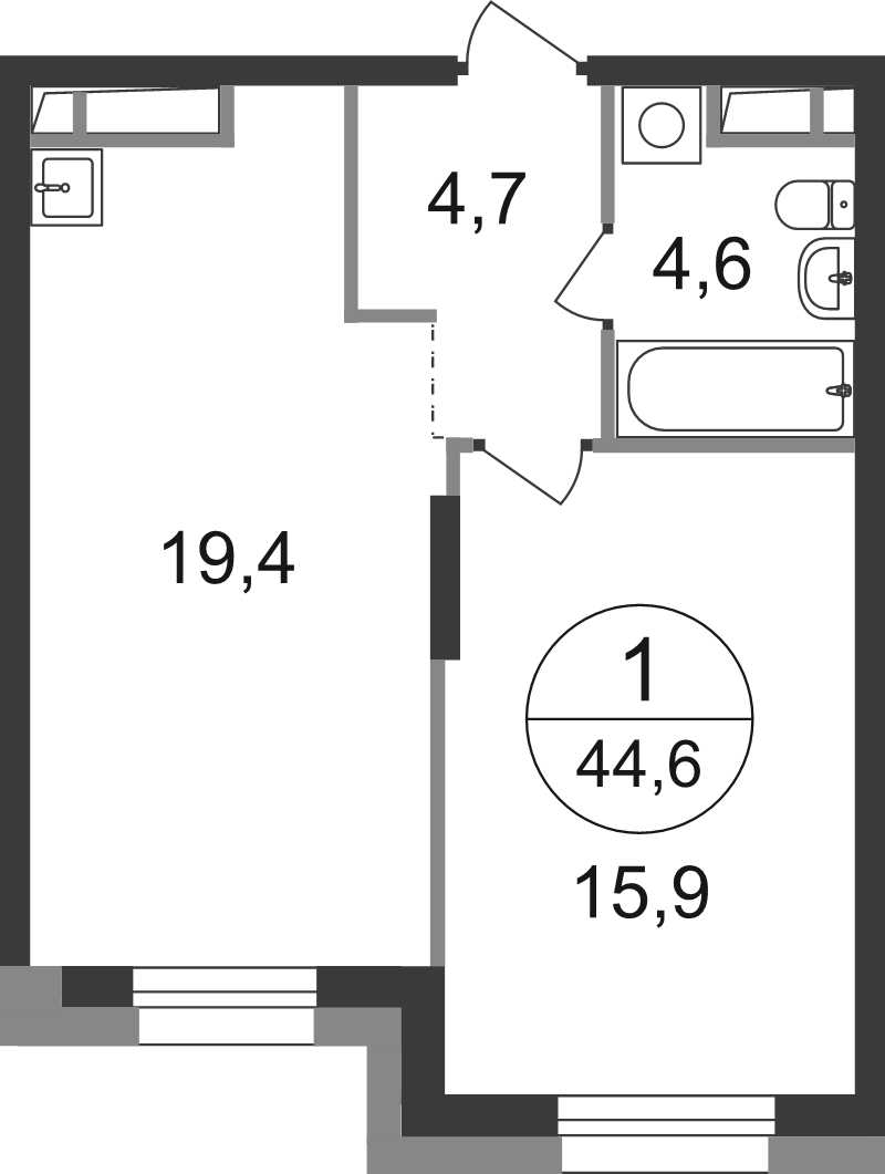 2 ккв (Евро) 44,6 м²