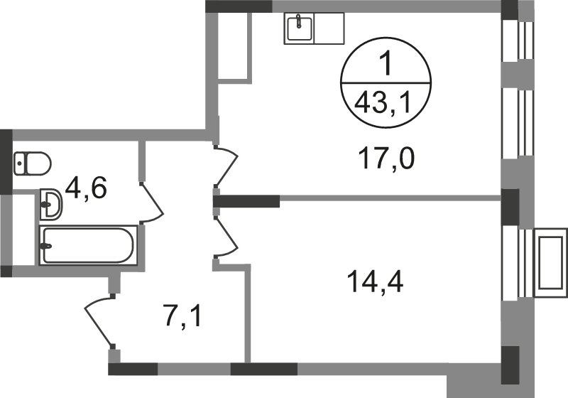 2 ккв (Евро) 43,1 м²
