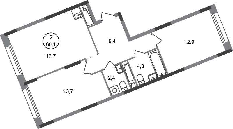 3 ккв (Евро) 60,1 м²