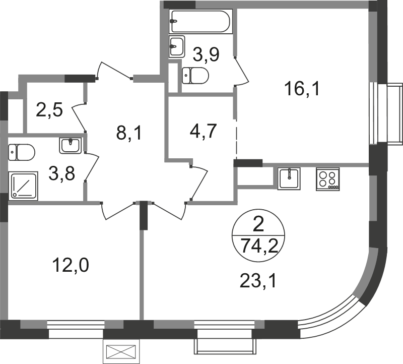 3 ккв (Евро) 74,2 м²
