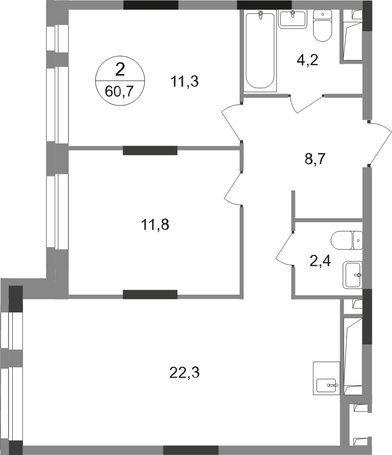 3 ккв (Евро) 60,7 м²
